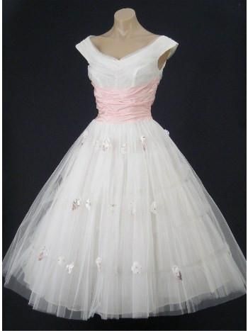 Vintage Style 50s White and Pink Tea Length Homecoming Dress