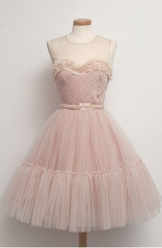 Vintage 50s Blush Pink A-line Hoco Gown With Layered Tulle Skirt Homecoming Dress