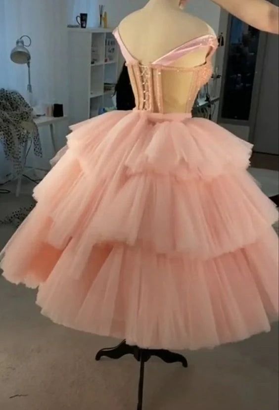 Ball Gown Puffy Straps Tiered Pink Tea Length Homecoming Dress
