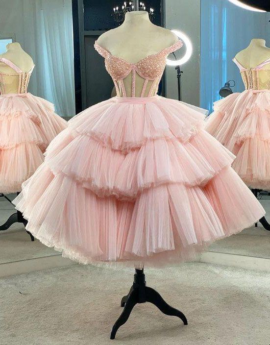 Ball Gown Puffy Straps Tiered Pink Tea Length Homecoming Dress