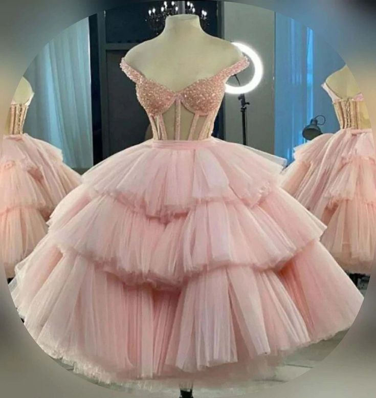 Ball Gown Puffy Straps Tiered Pink Tea Length Homecoming Dress