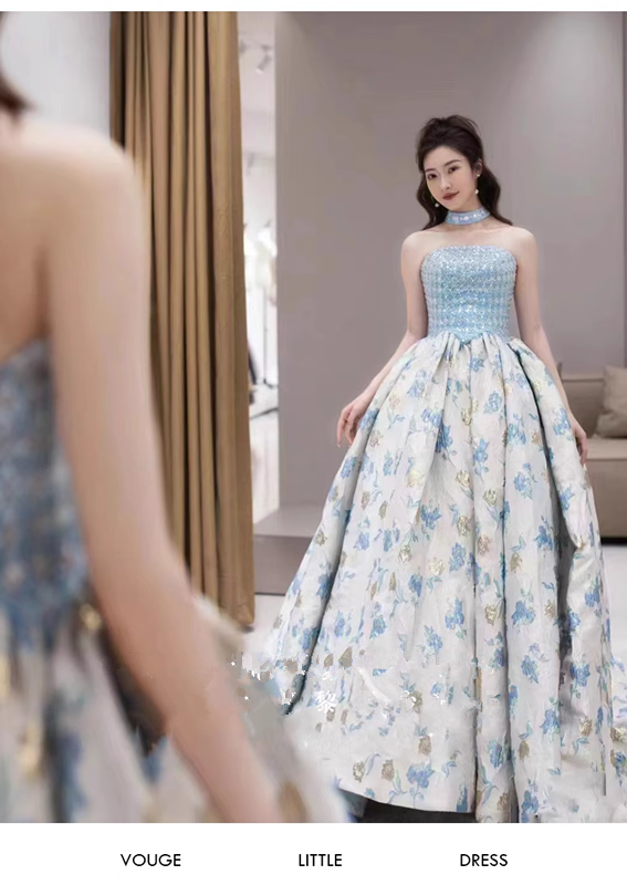 Simple Ball Gown Blue Satin Floral Long Prom Dresses