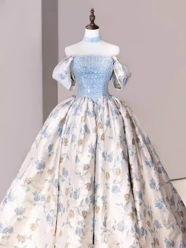Simple Ball Gown Blue Satin Floral Long Prom Dresses