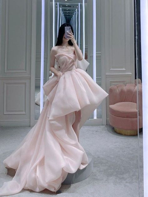 Simple High Low Sweetheart Sleeveless Organza Pink Prom Dress