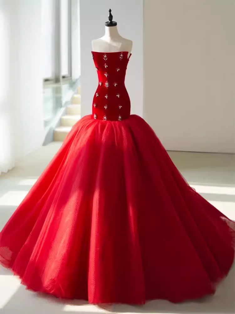 Simple Mermaid Red Tulle Long Prom Dresses