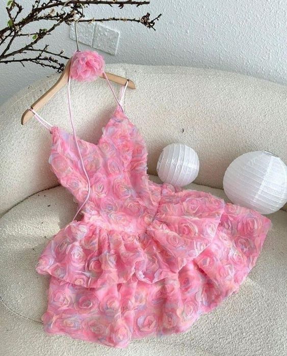 A Line Spaghetti Straps Pink Short Flowers Homecoming Dresses Hoco Dress