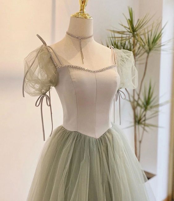 A line Short Sleeves Green Satin Tulle Long Prom Dress