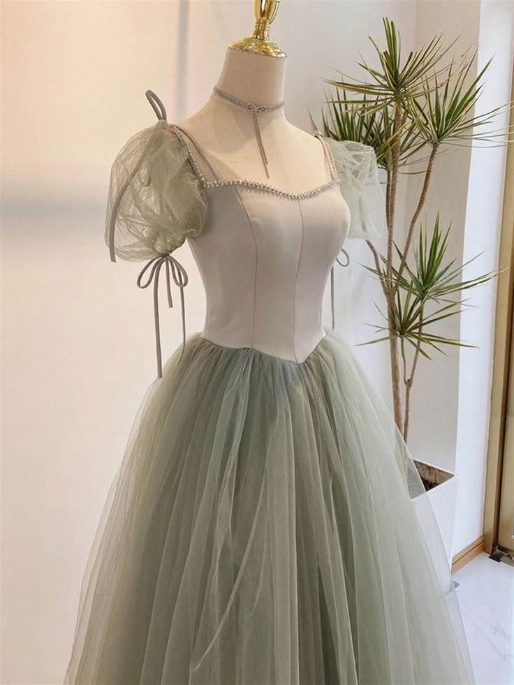 A line Short Sleeves Green Satin Tulle Long Prom Dress