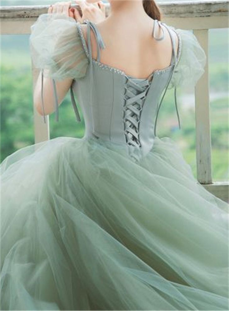 A line Short Sleeves Green Satin Tulle Long Prom Dress