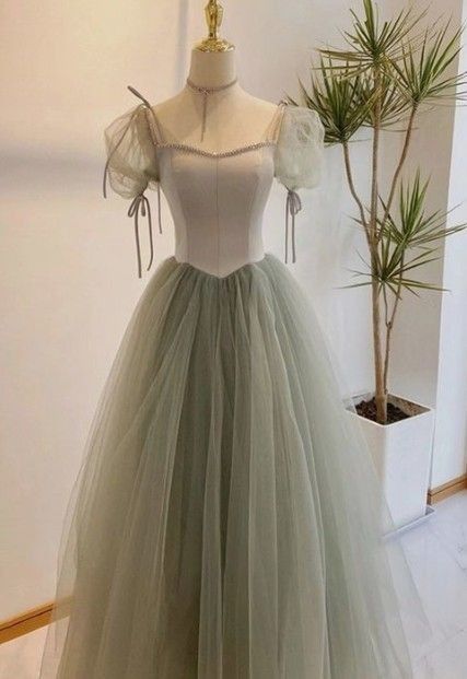A line Short Sleeves Green Satin Tulle Long Prom Dress