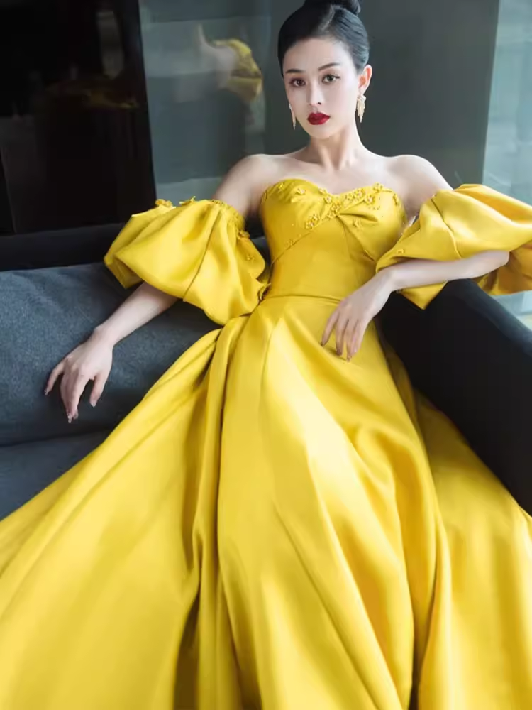 Simple Ball Gown Strapless Yellow Satin Long Prom Dresses
