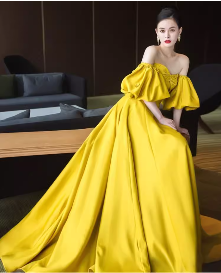Simple Ball Gown Strapless Yellow Satin Long Prom Dresses