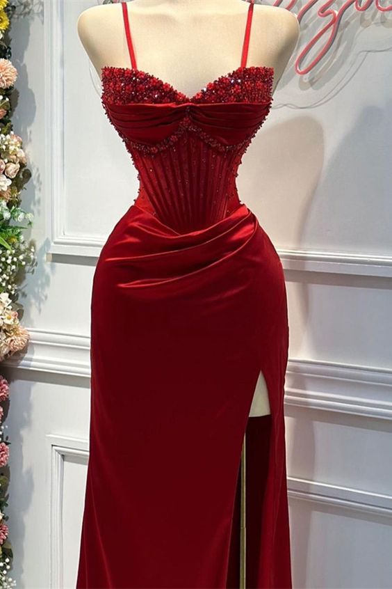 Chic Sheath Spaghetti Straps Long Satin Elegant Red Prom Dress With Beads