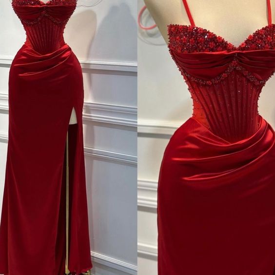 Chic Sheath Spaghetti Straps Long Satin Elegant Red Prom Dress With Beads