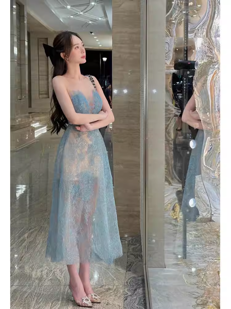 A Line Scoop Neckline Sleeveless Lace Blue Prom Dress