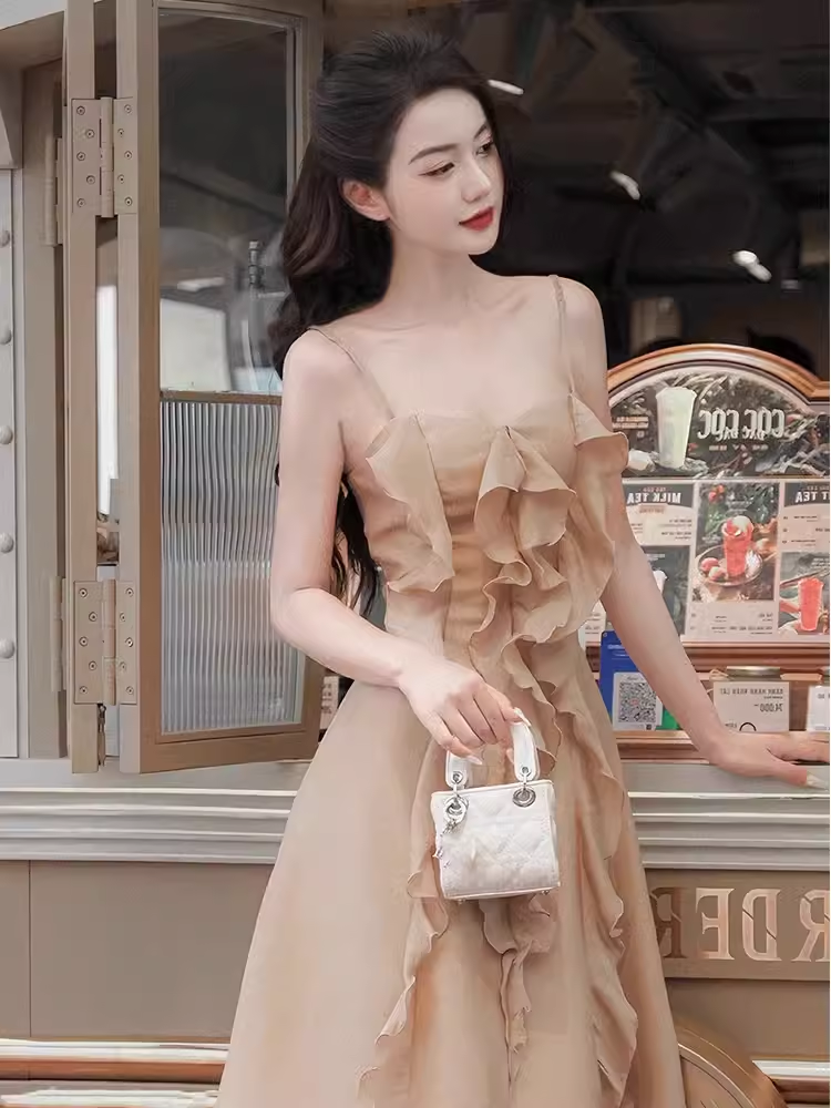 A Line Straps Sleeveless Chiffon Champagne Prom Dress