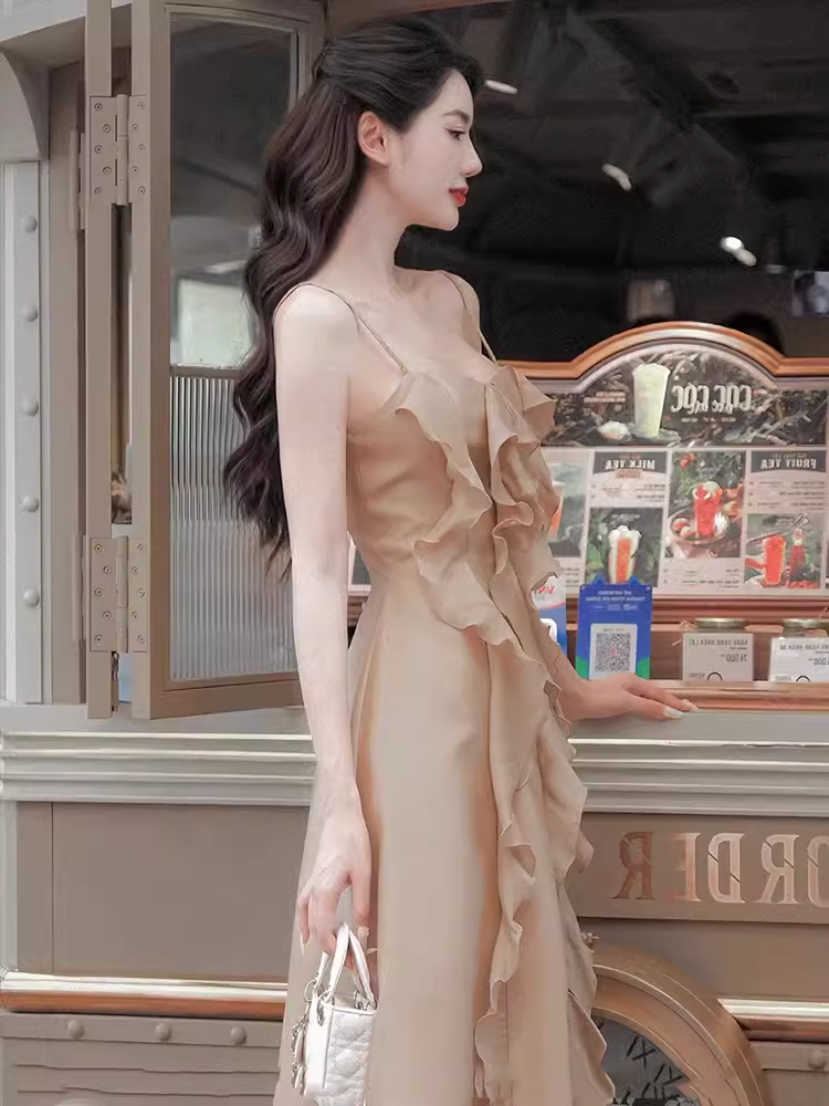 A Line Straps Sleeveless Chiffon Champagne Prom Dress