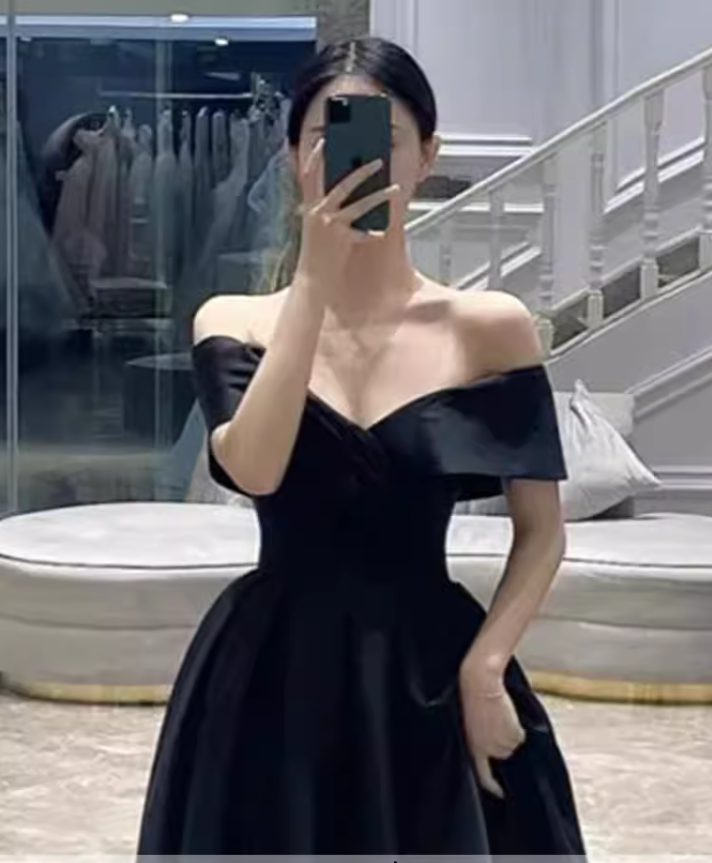 Simple A line Off The Shoulder Satin Black Long Prom Dresses