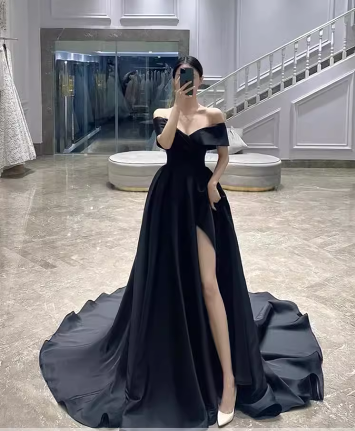 Simple A line Off The Shoulder Satin Black Long Prom Dresses