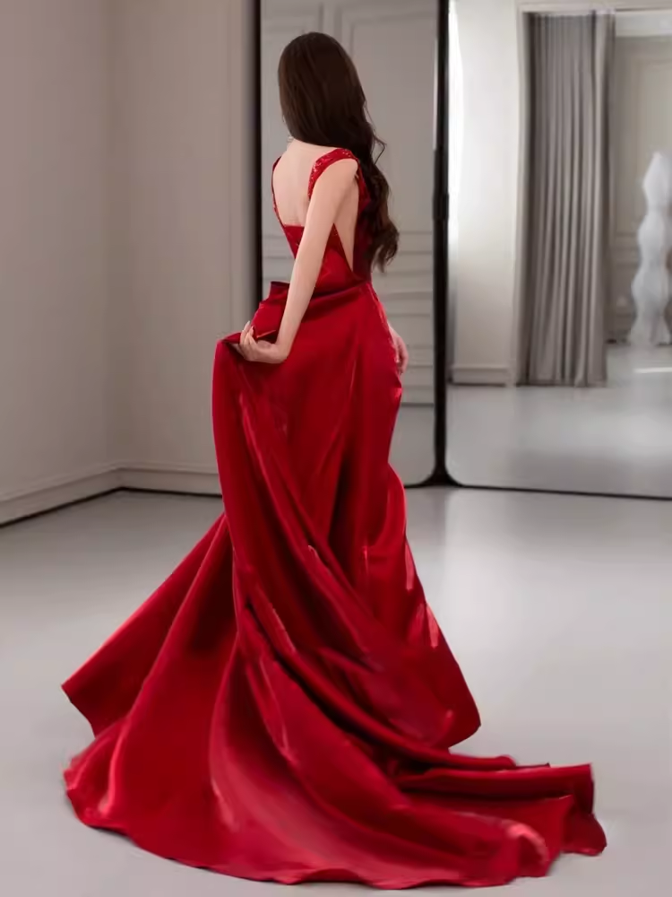 Simple Sheath Off The Shoulder Satin Red Long Prom Dresses