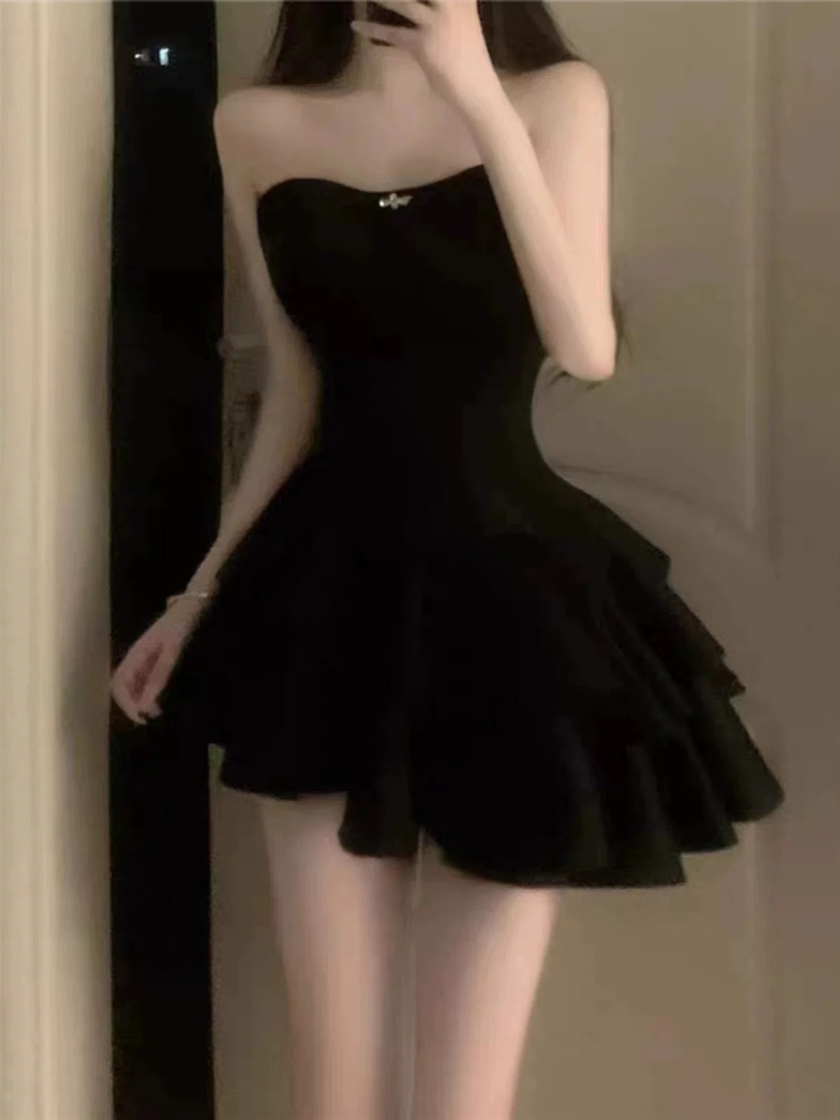 Modest Sheath Strapless Black Satin Homecoming Dress 21st Birthday Outfit