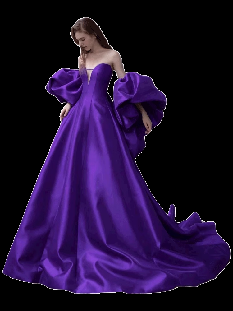 Simple A line Off The Shoulder Satin Grape Long Prom Dresses