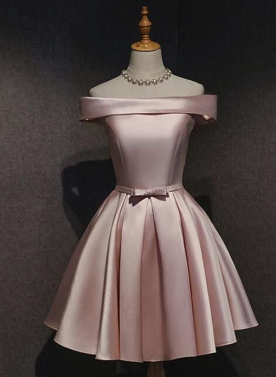 Cute Pink Satin Off Shoulder Cute Party Dress Homecoming Dresses Birthday Outfit