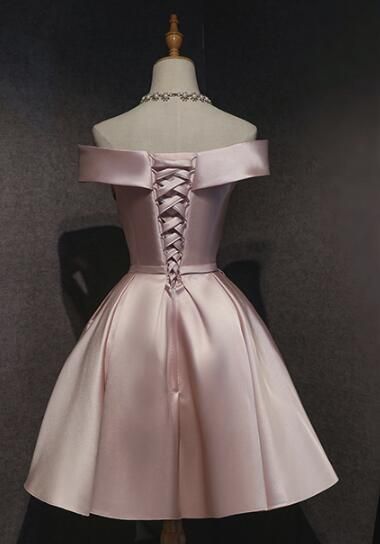 Cute Pink Satin Off Shoulder Cute Party Dress Homecoming Dresses Birthday Outfit