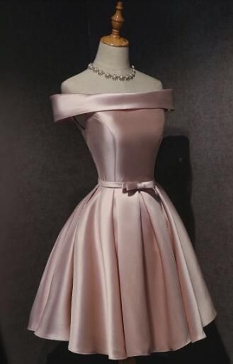 Cute Pink Satin Off Shoulder Cute Party Dress Homecoming Dresses Birthday Outfit