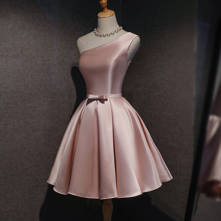 Cute Pink Satin One Shoulder Party Dress Homecoming Dresses Birthday Outfit