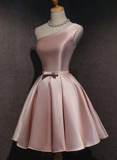 Cute Pink Satin One Shoulder Party Dress Homecoming Dresses Birthday Outfit