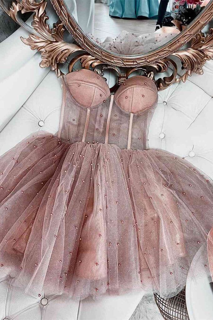 Cute Sparkly Beaded Strapless Dusty Homecoming Dress Birthday Outfit