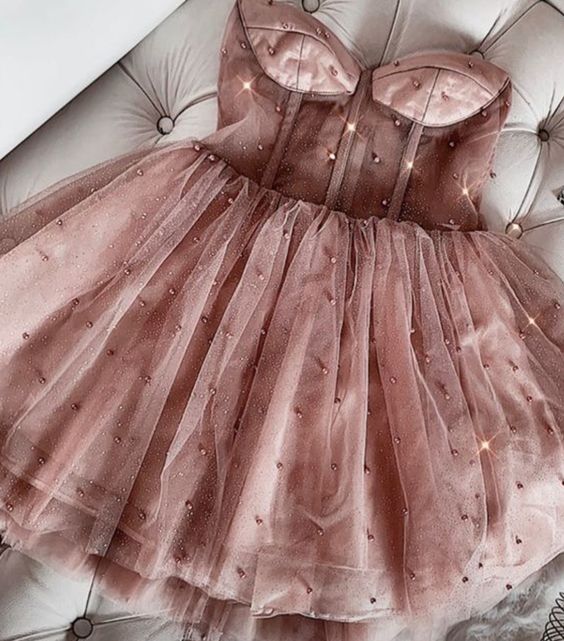 Cute Sparkly Beaded Strapless Dusty Homecoming Dress Birthday Outfit