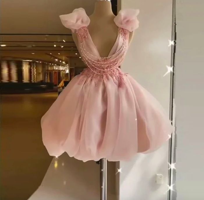 Pink Fashion Sweet Short Homecoming Dress V Neck Sleeveless Lace Birthday Outfit