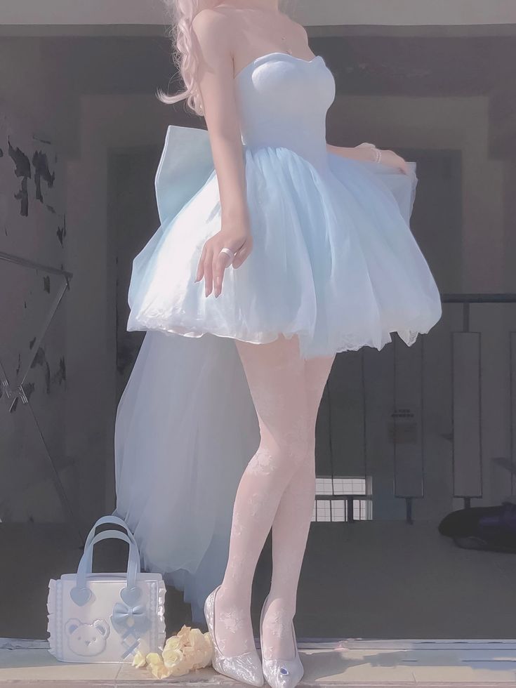 Baby Blue Balletcore Lace Bustier Dress Basque Waist Homecoming Dress Birthday Outfit