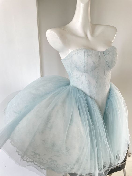 Baby Blue Balletcore Lace Bustier Dress Basque Waist Homecoming Dress Birthday Outfit
