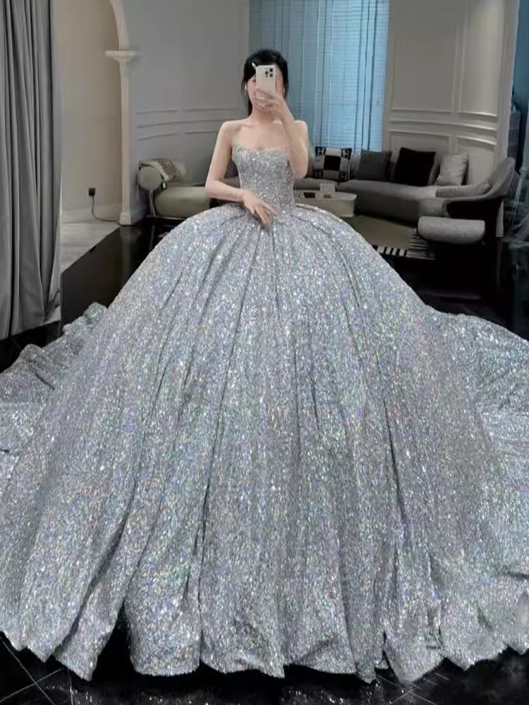Ball Gown Strapless Sequin Silver Long Prom Dresses
