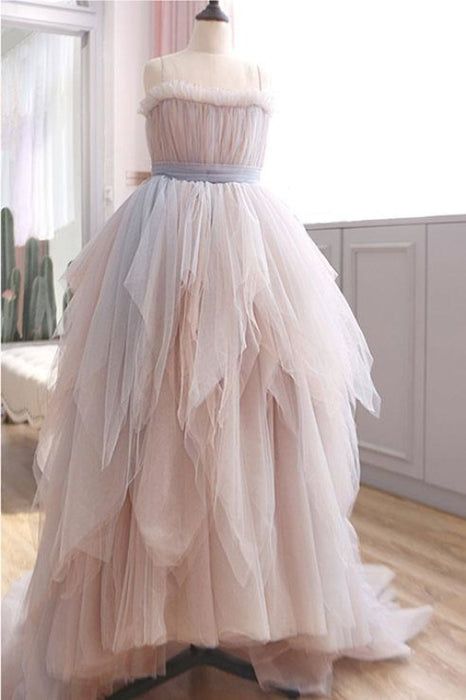 Vintage A Line Spaghetti Straps Blush Puffy Ruffles Prom Dresses