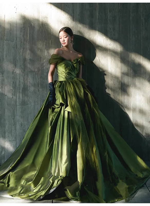 Ball Gown Off The Shoulder Green Satin Long Prom Dresses