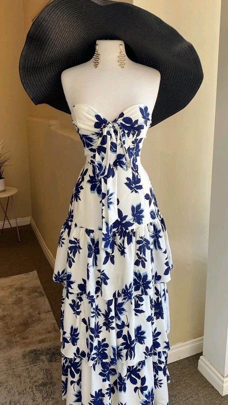 Simple A line Strapless Sleeveless Royal Blue Floral Prom Dress
