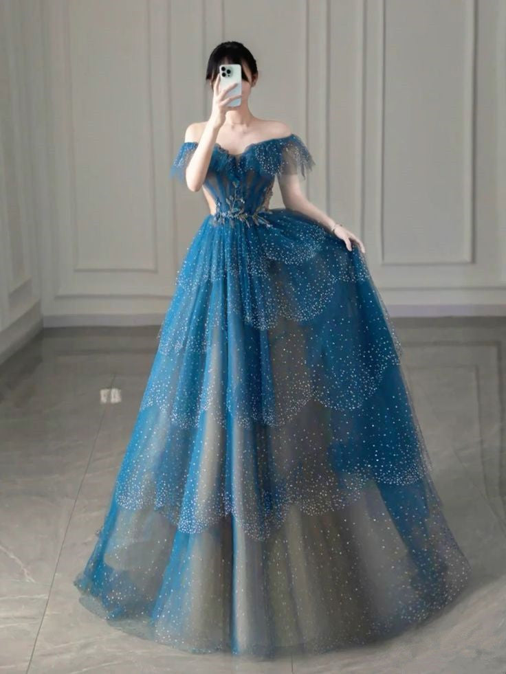 Modest A line Off The Shoulder Cap Sleeves Tulle Beads Royal Blue Prom Dress