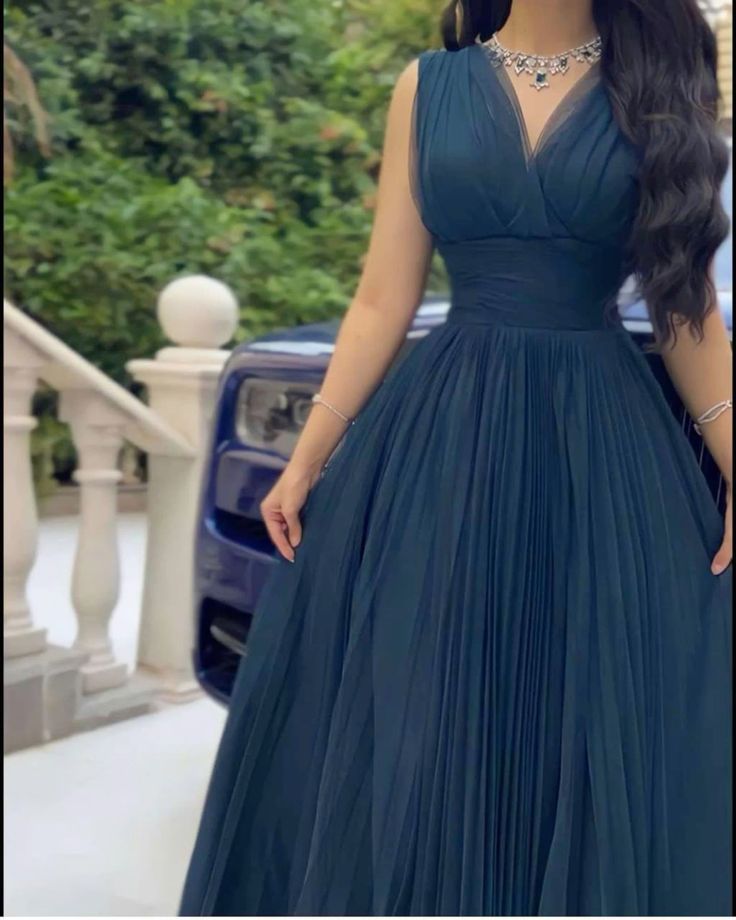 Modest A line V neckline Tulle Navy Blue Long Prom Dress