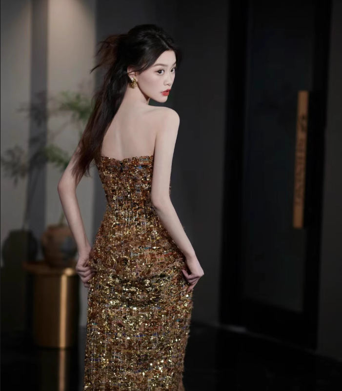 Sheath Strapless Sequin Gold Long Prom Dresses