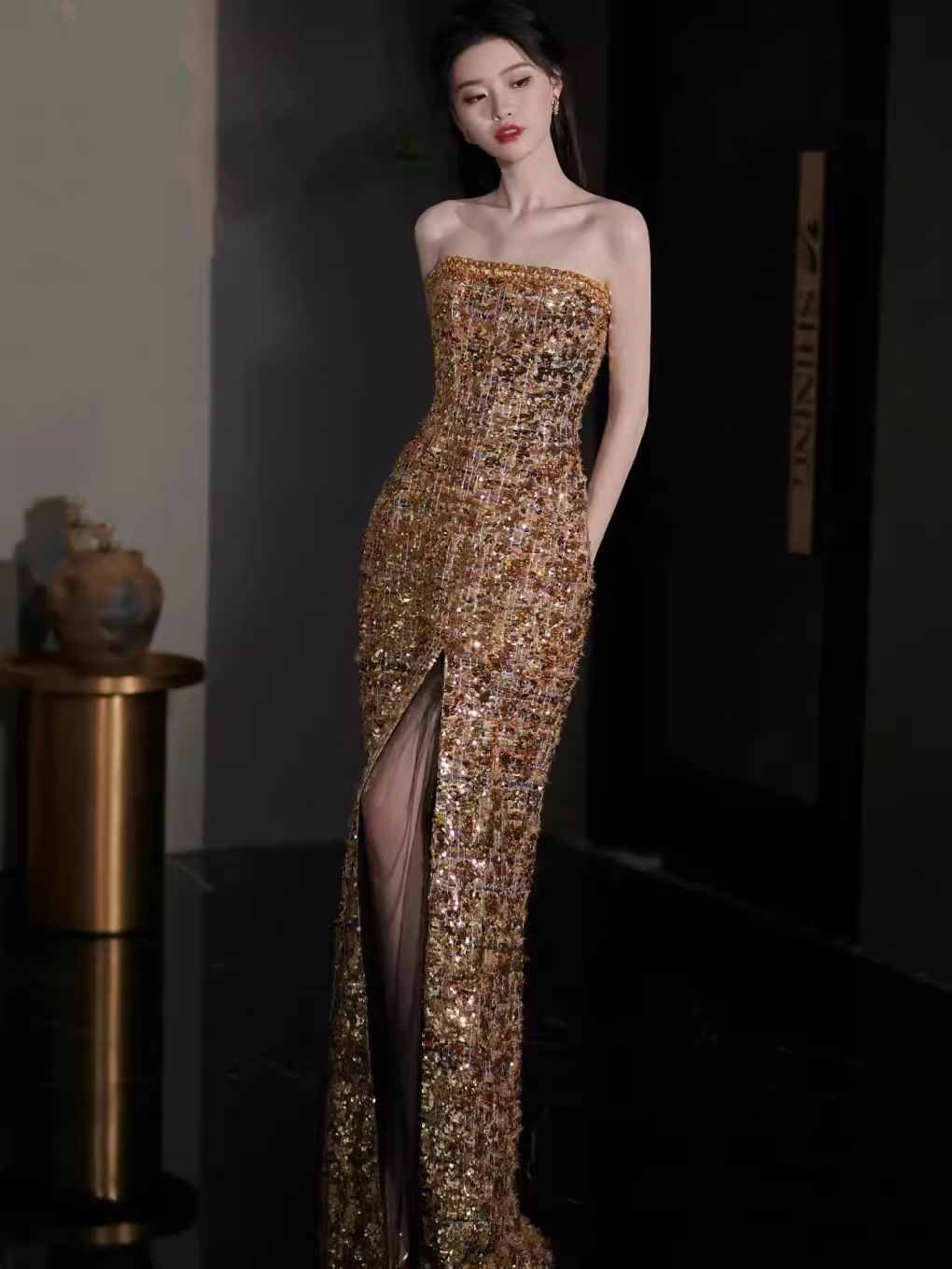 Sheath Strapless Sequin Gold Long Prom Dresses