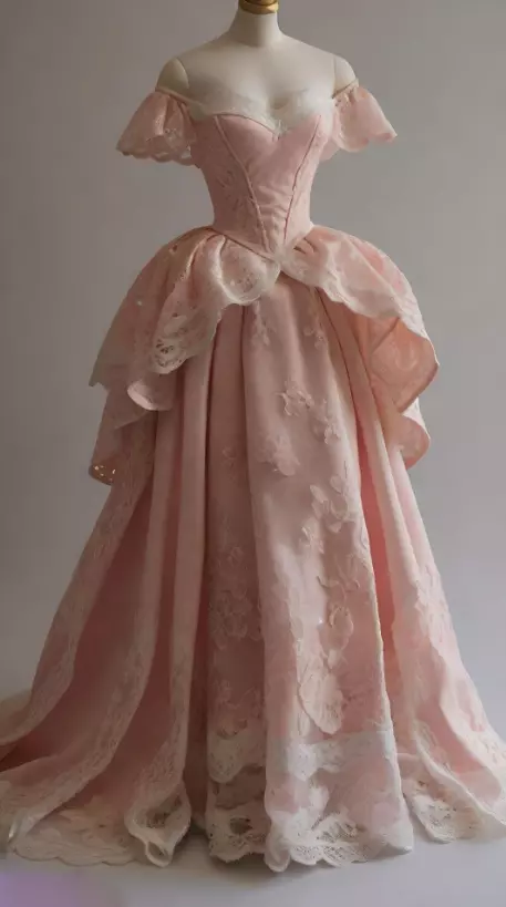 Retro Ball Gown Off The Shoulder Pink Satin Lace Long Prom Dress