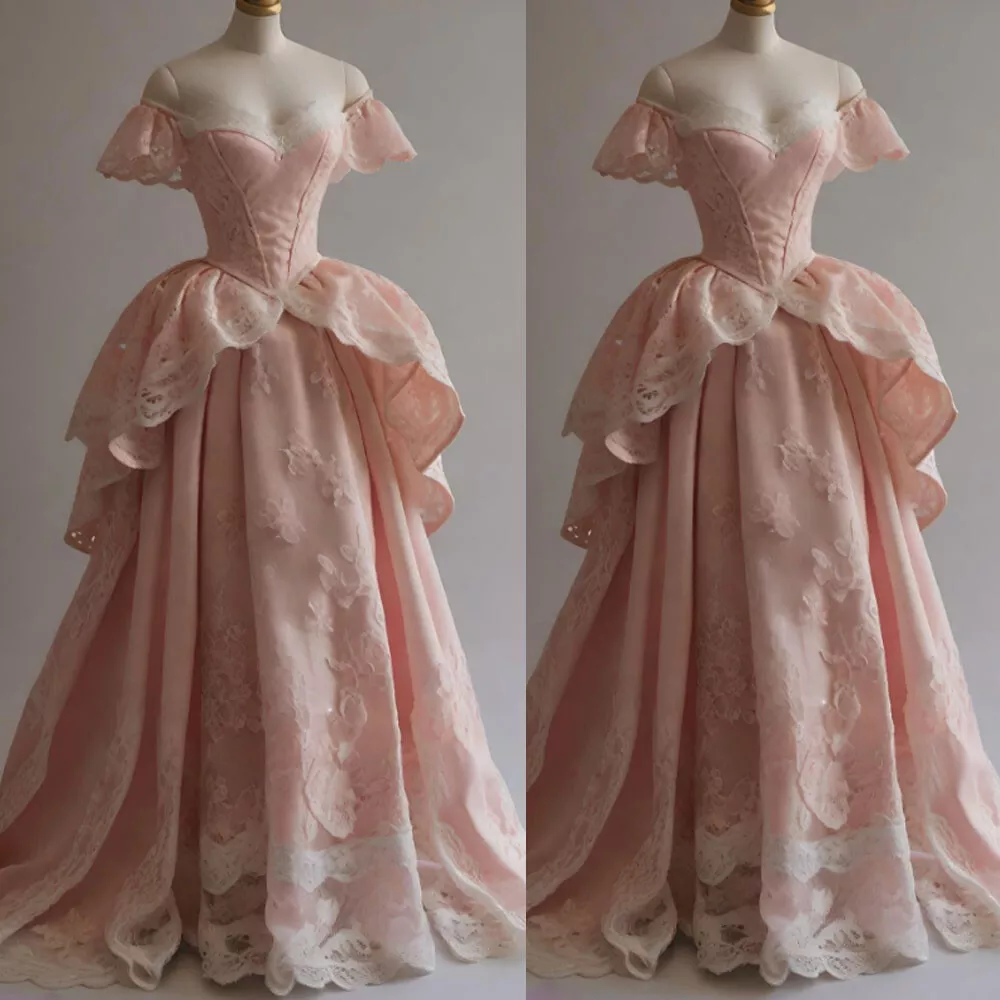Retro Ball Gown Off The Shoulder Pink Satin Lace Long Prom Dress