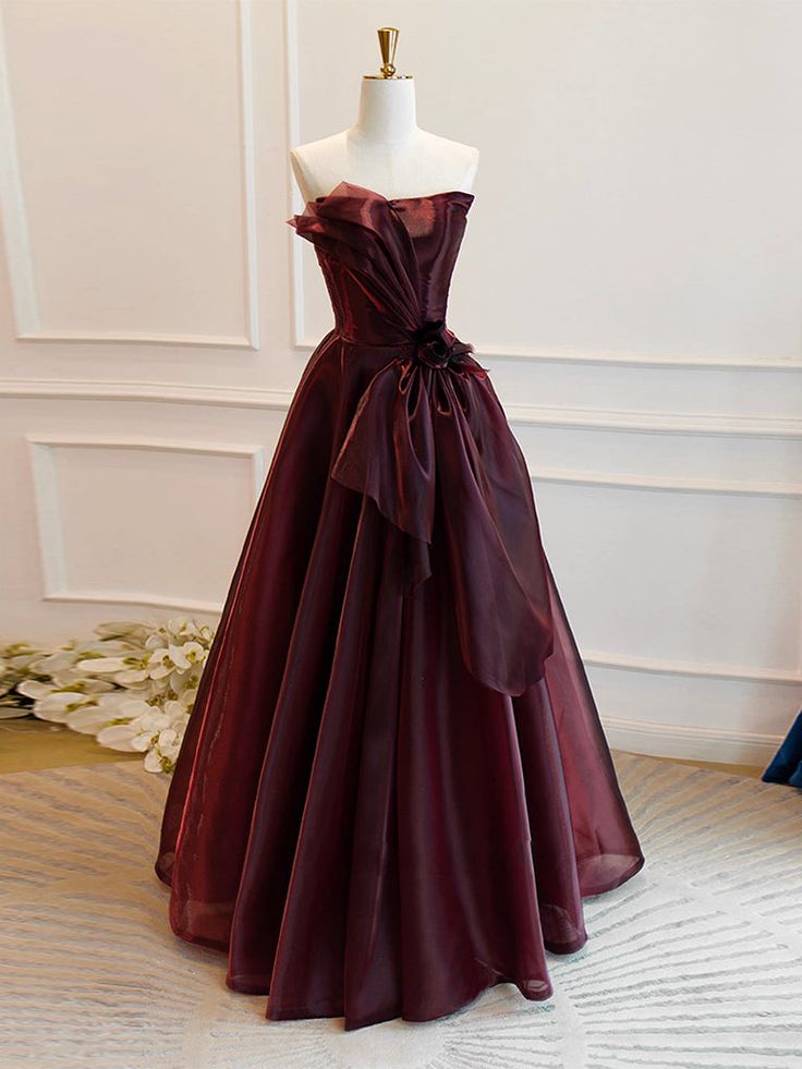 Vintage A-Line Burgundy Organza Burgundy Long Prom Dress