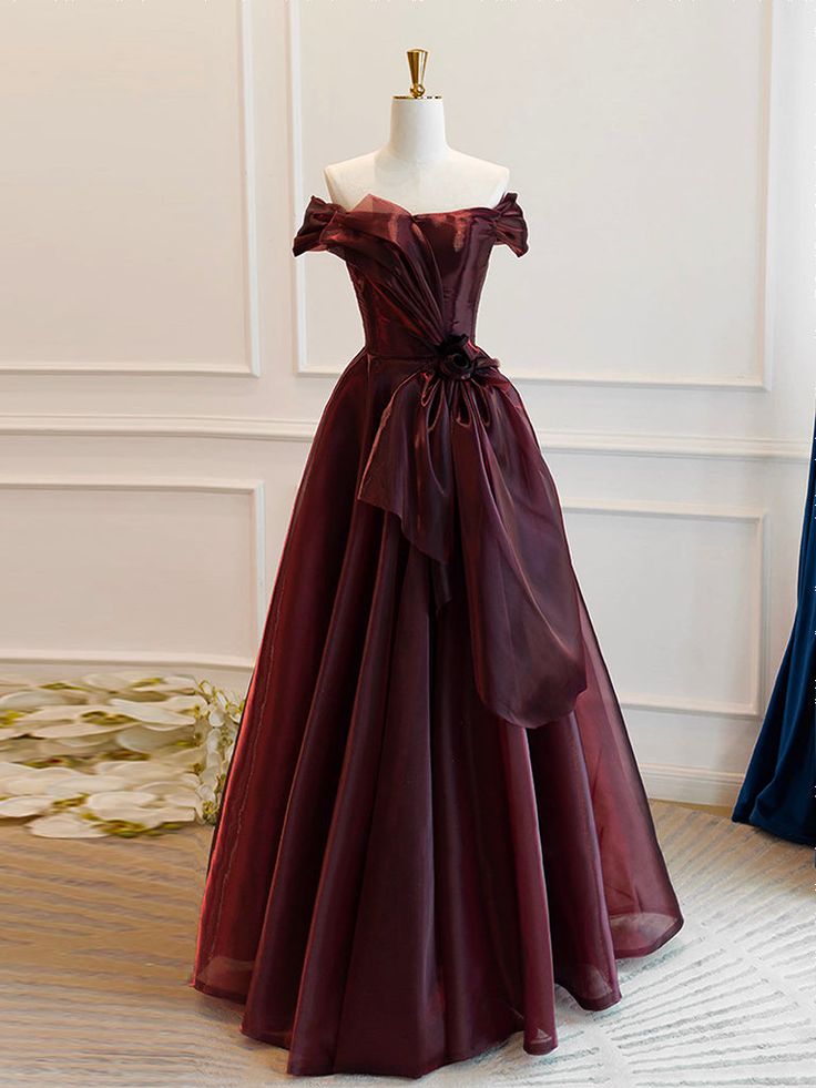Vintage A-Line Burgundy Organza Burgundy Long Prom Dress