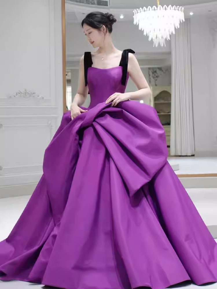 Ball Gown Straps Satin Grape Satin Long Prom Dresses