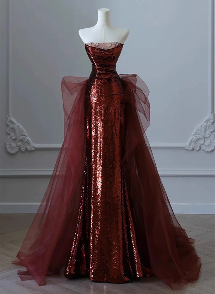 Elegant Mermaid Strapless Sequin Burgundy Long Prom Dresses